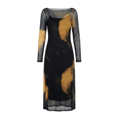 Modenaire Women's Black Sheer Mesh Midi Dress With Abstract Print And Layered Slip