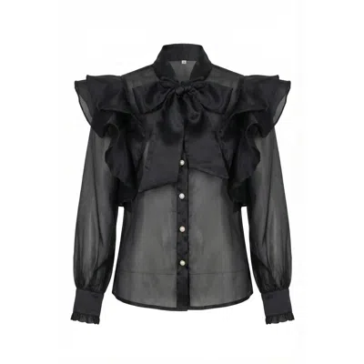 Modenaire Ruffle Oversized Bow Tie Button-front Blouse In Black