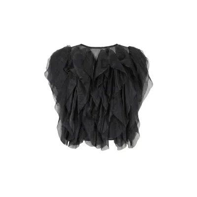 Modenaire Women's Black Sheer Tulle Top With Flowing Cascading Ruffles