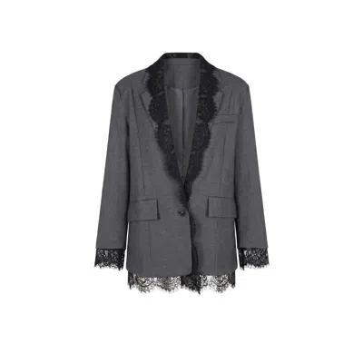 Modenaire Women's Black Tailored Blazer With Lace Trim Lapel In Gray