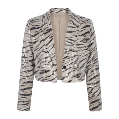 Modenaire Women's Black / White Leopard Print Sequin Cropped Jacket With Button Front In Black/white