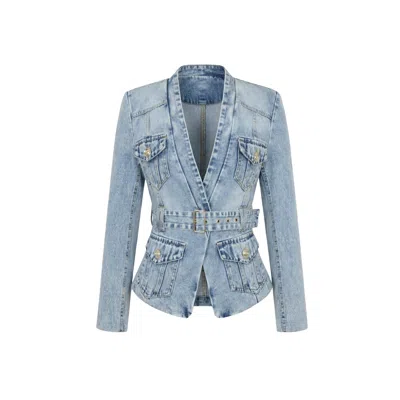 Modenaire Women's Blue Belted Denim Blazer With Structured Waist And Patch Pockets