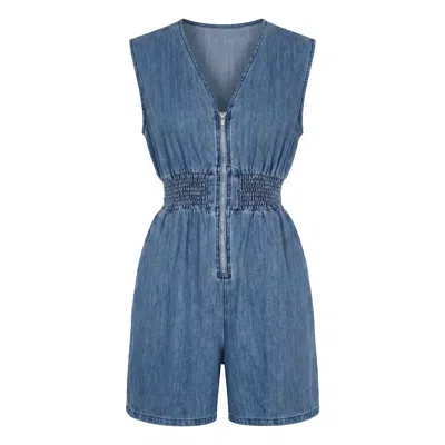 Modenaire Women's Blue Denim Romper Sculpted Zip Front