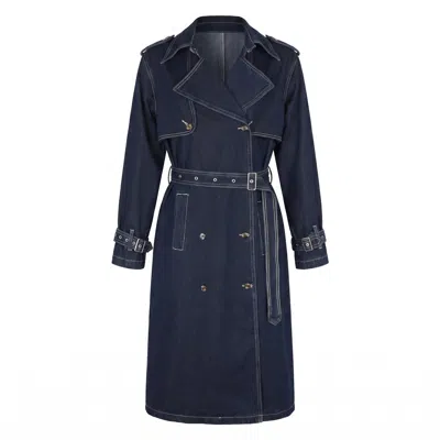 Modenaire Women's Blue Denim Trench Coat With Belted Waist And Double Breasted Front
