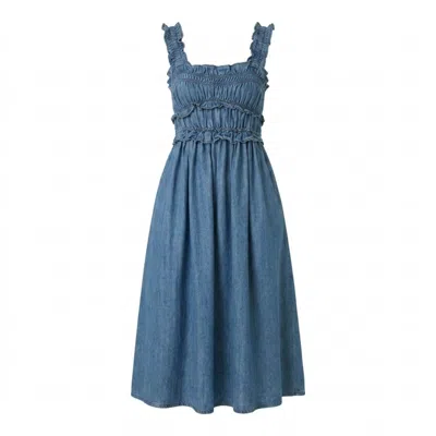 Modenaire Women's Blue Smocked Midi Dress Soft Gathered Form