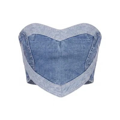 Modenaire Women's Blue Strapless Denim Corset Top With Heart-shaped Panel And Contrast Trim