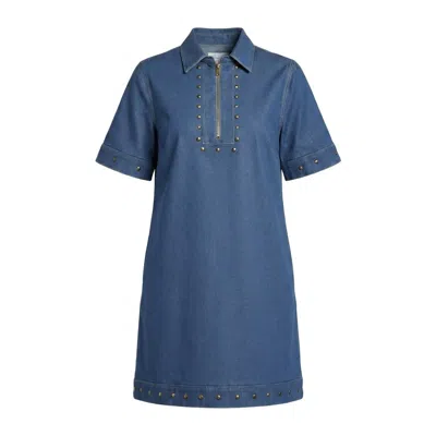 Modenaire Denim Studded Half Zip Mini Dress With Collar And Short Sleeves In Blue