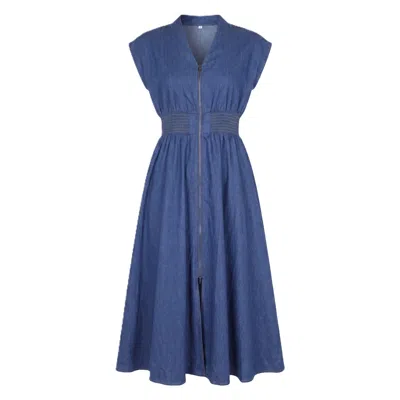 Modenaire Women's Blue Zip Front Midi Dress Smocked Waist In Black