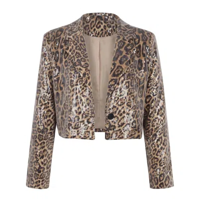 Modenaire Women's Brown Cropped Leopard Print Sequin Blazer With Single Button Closure