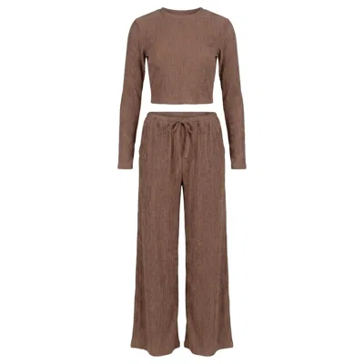 Modenaire Women's Brown Ribbed Knit Set Soft Structure