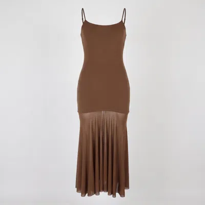 Modenaire Women's Brown Sheer Mesh Maxi Dress With Spaghetti Straps