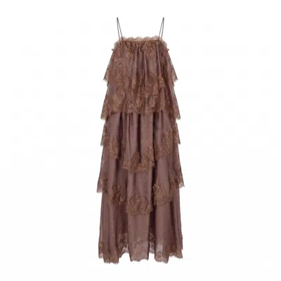 Modenaire Women's Brown Sleeveless Lace Tiered Maxi Dress With Leaf-edge Hem