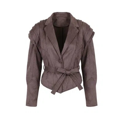 MODENAIRE WOMEN'S BROWN SUEDE-EFFECT STRUCTURED SHOULDER JACKET TAILORED FIT