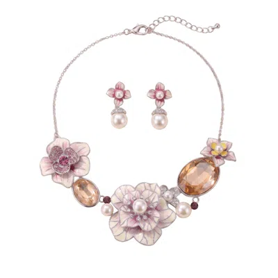 Modenaire Women's Floral Pearl Statement Necklace Earrings Set