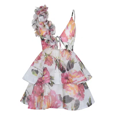 Modenaire Floral Ruffle Layer Tie Waist Mini Dress In White