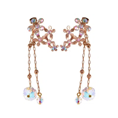 Modenaire Women's Gold Crystal Flower Drop Earrings With Dangle Chains