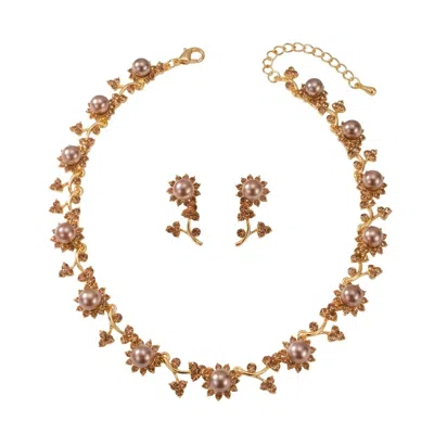 Modenaire Women's Gold Pearl And Crystal Floral Necklace And Earrings Set