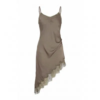 Modenaire Women's Green Asymmetric Satin Slip Dress With Lace Trim And Fluid Draping