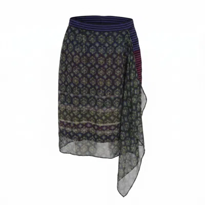 Modenaire Women's Green Geometric Print Chiffon Midi Skirt With Draped Asymmetric Side Panel In Blue