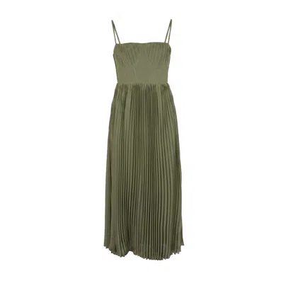 Modenaire Women's Green Pleated Bustier Maxi Dress With Adjustable Straps And Smocked Back