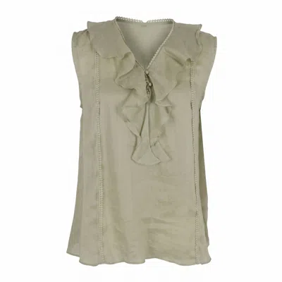 Modenaire Women's Green Sleeveless Ruffle Front Blouse With Lace Inset Trim And V Neckline