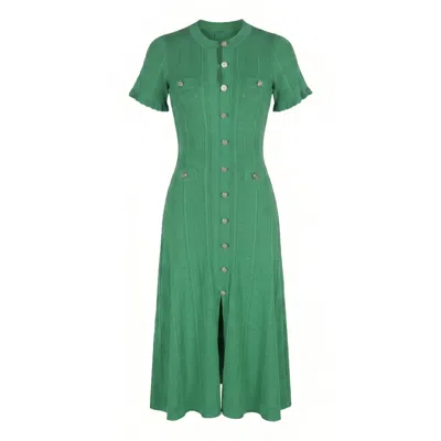Modenaire Women's Green Textured Knit Midi Dress Refined Button Front In Multi