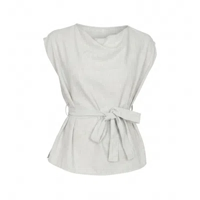 Modenaire Women's Grey Draped Neck Top With Cap Sleeves And Self Tie Waist Detail
