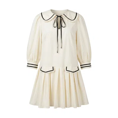 Modenaire Women's Neutrals Long Sleeve Mini Dress With Peter Pan Collar Front Tie Detail Contrast Trim Pockets In White