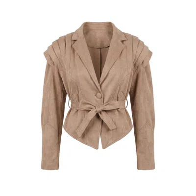 Modenaire Women's Neutrals Structured Belted Jacket In Soft Suede Finish In Brown