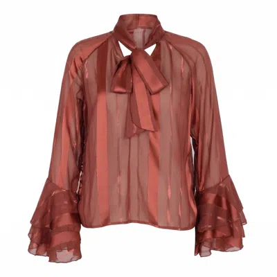 Modenaire Women's Orange Sheer Blouse With Tie Neck Detail And Tiered Bell Sleeves