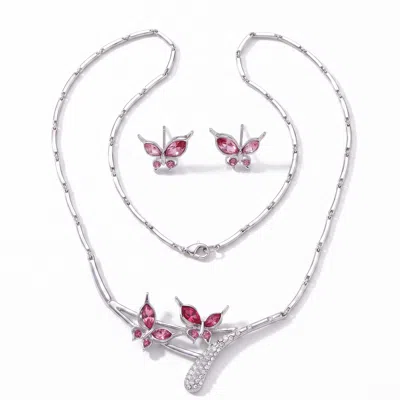 Modenaire Women's Pink Butterfly Necklace And Earrings Jewelry Set In Multi