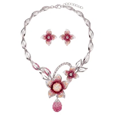 Modenaire Women's Pink Silver Flower Necklace And Earrings Set