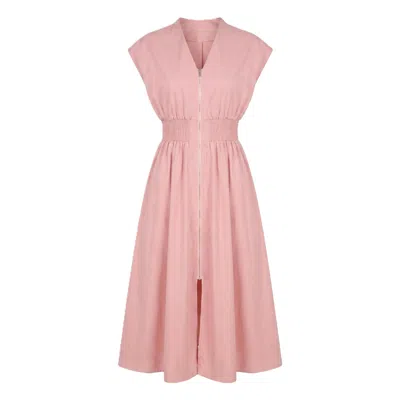 Modenaire Cap Sleeve Midi Dress With Smocked Waist Front Zip And Side Pockets In Pink