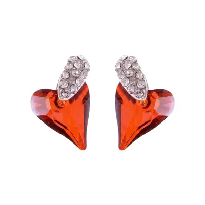Modenaire Women's Red Dangle Crystal Heart Earrings With Rhinestone Accent