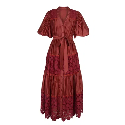 Modenaire Women's Red Lace Panel Midi Dress With Puff Sleeves And Defined Waist