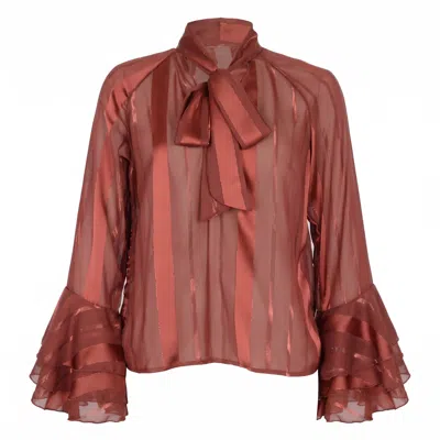 Modenaire Women's Red Sheer Blouse With Tie Neck Detail And Bell Sleeves