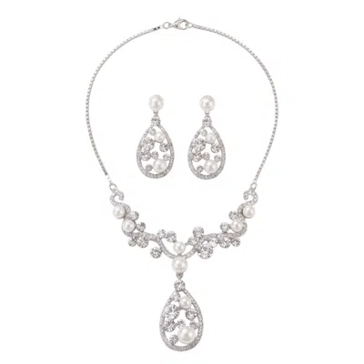 Modenaire Women's Silver Elegant Pearl And Crystal Teardrop Necklace Set