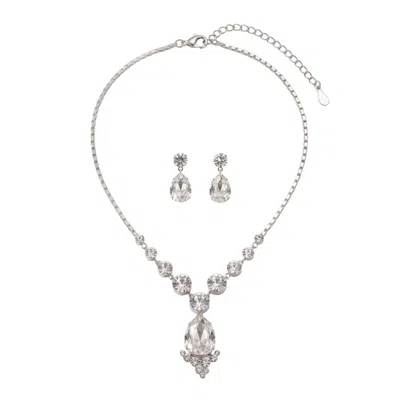Modenaire Women's Silver Elegant Teardrop Crystal Necklace Earrings Set