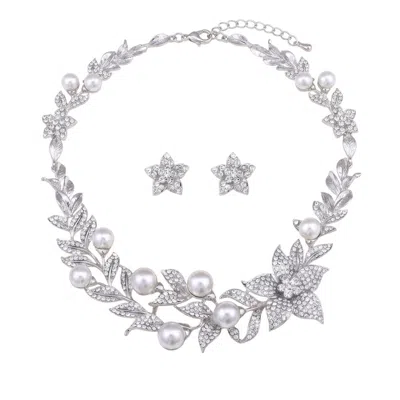 Modenaire Women's Silver Pearl Crystal Sharp Petal Necklace And Earring Set