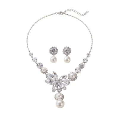 Modenaire Women's Silver Pearl Drop Necklace And Earrings Set