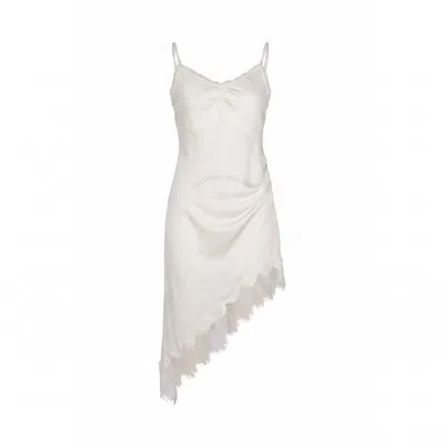 Modenaire Women's White Asymmetric Satin Slip Dress With Lace Trim And Draped Silhouette