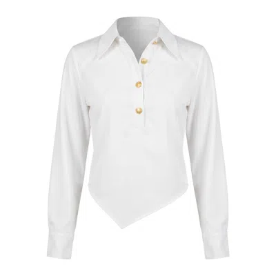 Modenaire Women's White Collared Button Front Blouse With Asymmetrical Hem Detail