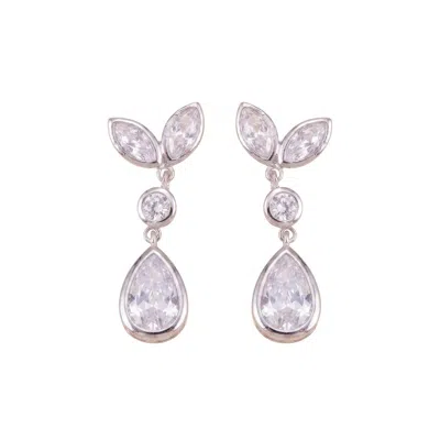 Modenaire Women's White Crystal Drop Earrings With Leaf-inspired Design