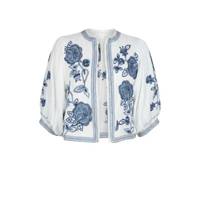 Modenaire Women's White Floral Embroidered Cropped Jacket With Clean Front
