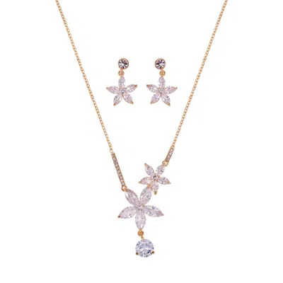 Modenaire Women's White / Gold Flower Crystal Necklace Earrings Set In White/gold