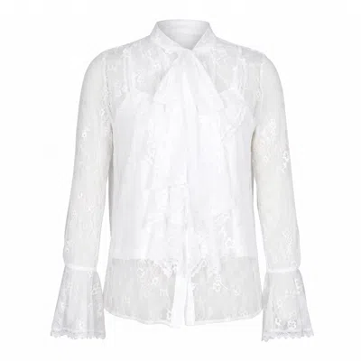 Modenaire Women's White Sheer Lace Blouse With Bow Tie Neck Ruffle Front Detail With Cami