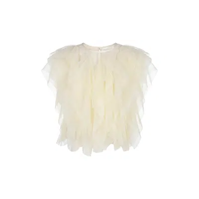 Modenaire Women's White Sheer Tulle Blouse Featuring Cascading Ruffles In Neutral