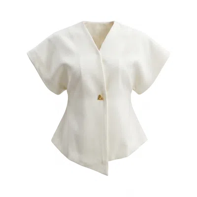 Modenaire Women's White Textured Wrap Top With Cap Sleeves And Asymmetric Hem