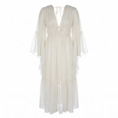 Modenaire Women's Neutrals Vacation Style Ruffle Sleeve Maxi Dress With Plunging Neck And Tie Waist In Gray