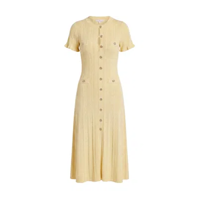 Modenaire Women's Yellow Button Front Knit Midi Dress With Short Sleeves And Textured Detail